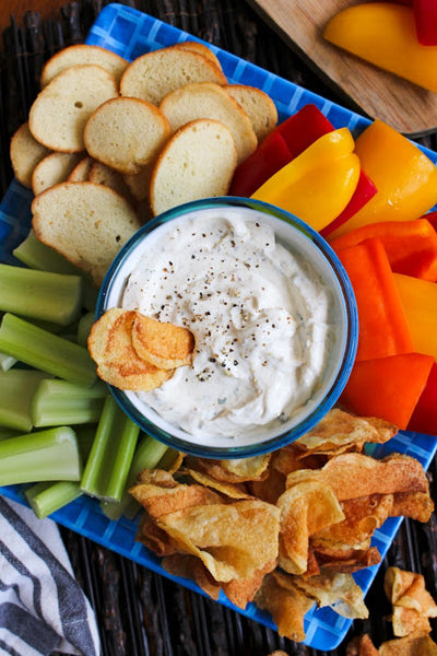 Kicked-Up Greek Yogurt Ranch Dip is made with tangy Greek yogurt, ranch dressing mix, and zippy spices