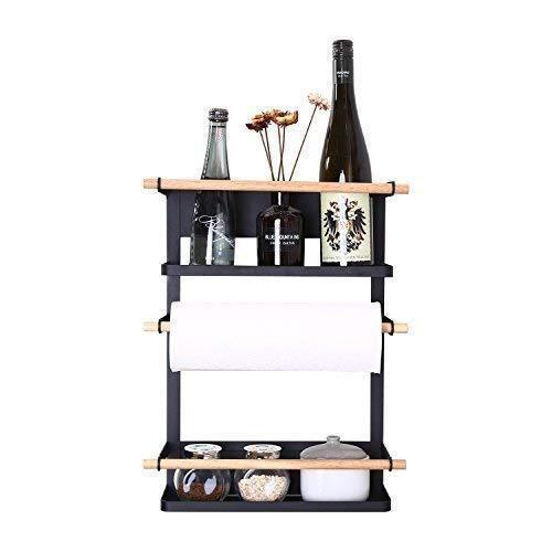 Kitchen Rack - Magnetic Fridge Organizer - 18x12.7x5 INCH - Paper Towel Holder, Rustproof Spice Jars Rack, Heavy-duty Refrigerator Shelf Storage Including 6 Removable Hooks (BLACK) - 2019 New Design - Productive Organizing