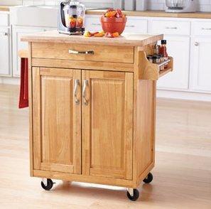 Mainstays Kitchen Island Cart, Natural. This Stylish Kitchen Furniture Has a Solid Wood Top. Kitchen Island SALE!! Drawer and Cupboard Provide All Your Kitchen Storage Needs. Sturdy Wheels For Moving Around. Towel Bar and Spice Rack. - Productive Organizing