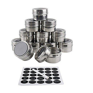 12 Stainless Steel Magnetic Spice Tin & 2 Types of Spice Labels by Neverless, with 96 PVC & 54 Chalkboard Stickers. Refrigerator Magnet - Productive Organizing