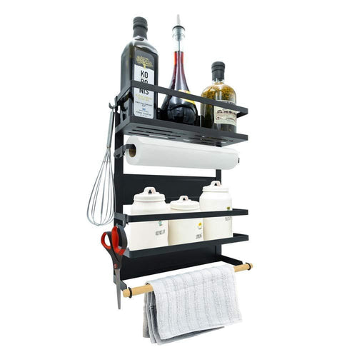 Magnetic Fridge Spice Rack Organizer (Large with 6 Utility Hooks) - 4 Tier Mounted Storage, Paper Towel Roll Holder, Multi Use Kitchen Rack Shelves, Pantry Wall, Laundry Room, Garage. [Matte Black] - Productive Organizing