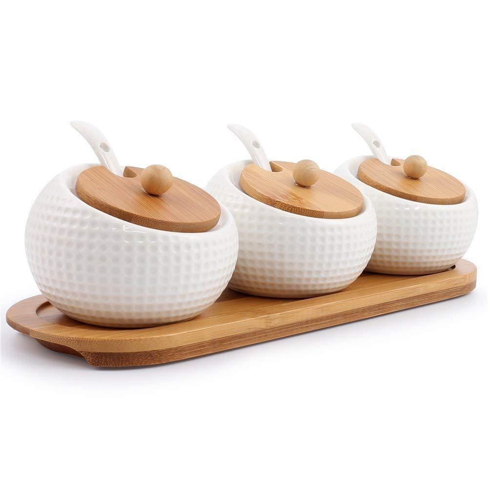 Porcelain Condiment Jar Spice Container with Lids - Bamboo Cap Holder Spot, Ceramic Serving Spoon, Wooden Tray - Best Pottery Cruet Pot for Your Home, Kitchen, Counter. White,170 ML (5.8 OZ), Set of 3 - Productive Organizing