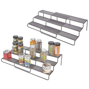 mDesign Adjustable, Expandable Kitchen Wire Metal Storage Cabinet, Cupboard, Food Pantry, Shelf Organizer Spice Bottle Rack Holder - 3 Level Storage - Up to 25" Wide, 2 Pack - Graphite Gray - Productive Organizing