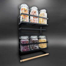 Load image into Gallery viewer, Magnetic Fridge Spice Rack Organizer (Large with 6 Utility Hooks) - 4 Tier Mounted Storage, Paper Towel Roll Holder, Multi Use Kitchen Rack Shelves, Pantry Wall, Laundry Room, Garage. [Matte Black] - Productive Organizing