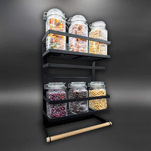 Magnetic Fridge Spice Rack Organizer (Large with 6 Utility Hooks) - 4 Tier Mounted Storage, Paper Towel Roll Holder, Multi Use Kitchen Rack Shelves, Pantry Wall, Laundry Room, Garage. [Matte Black] - Productive Organizing