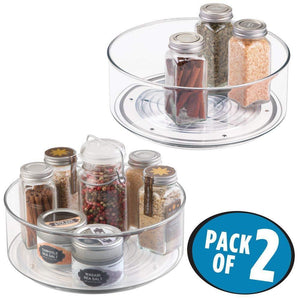 mDesign Plastic Lazy Susan Spinning Food Storage Turntable for Cabinet, Pantry, Refrigerator, Countertop - Spinning Organizer for Spices, Condiments, Baking Supplies - 9" Round, 2 Pack - Clear - Productive Organizing