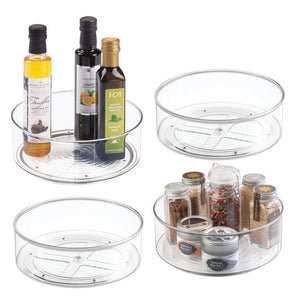 mDesign Plastic Lazy Susan Spinning Food Storage Turntable for Cabinet, Pantry, Refrigerator, Countertop - Spinning Organizer for Spices, Condiments, Baking Supplies - 9" Round, 4 Pack - Clear - Productive Organizing