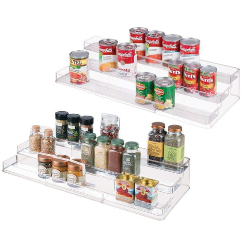 mDesign Large Plastic Adjustable, Expandable Kitchen Cabinet, Pantry, Shelf Organizer/Spice Rack with 3 Tiered Levels of Storage for Spice Bottles, Jars, Seasonings, Baking Supplies - 2 Pack - Clear - Productive Organizing