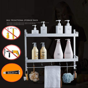 2 Layer Space Aluminum Bathroom Corner Shelf Shower Caddy Shampoo Soap Cosmetic Storage Basket Kitchen Spice Rack Holder Organizer with Towel Bar and Hooks (Rectangle-Double) - Productive Organizing