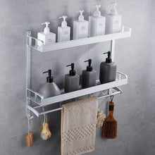 Load image into Gallery viewer, 2 Layer Space Aluminum Bathroom Corner Shelf Shower Caddy Shampoo Soap Cosmetic Storage Basket Kitchen Spice Rack Holder Organizer with Towel Bar and Hooks (Rectangle-Double) - Productive Organizing