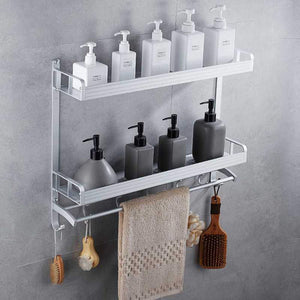 2 Layer Space Aluminum Bathroom Corner Shelf Shower Caddy Shampoo Soap Cosmetic Storage Basket Kitchen Spice Rack Holder Organizer with Towel Bar and Hooks (Rectangle-Double) - Productive Organizing