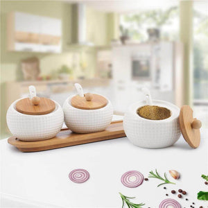 Porcelain Condiment Jar Spice Container with Lids - Bamboo Cap Holder Spot, Ceramic Serving Spoon, Wooden Tray - Best Pottery Cruet Pot for Your Home, Kitchen, Counter. White,170 ML (5.8 OZ), Set of 3 - Productive Organizing