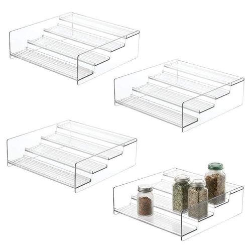 mDesign Plastic Kitchen Spice Bottle Rack Holder, Food Storage Organizer for Cabinet, Cupboard, Pantry, Shelf - Holds Spices, Mason Jars, Baking Supplies, Canned Food, 4 Levels, 4 Pack - Clear - Productive Organizing