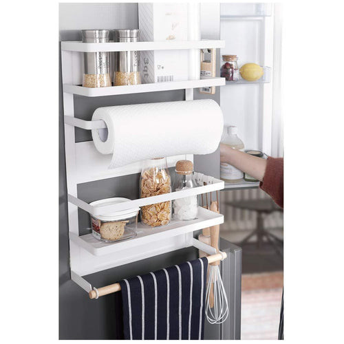 Kitchen Rack - Magnetic Fridge Organizer - 18.1x11.8x4.4 INCH - Paper Towel Holder, Rustproof Spice Jars Rack, Plastic Wrap holder, Refrigerator Shelf Storage Including 5 Removable Hook- 201 (White) - Productive Organizing
