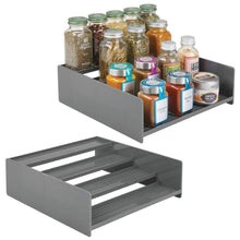 Load image into Gallery viewer, mDesign Plastic Kitchen Spice Bottle Rack Holder, Food Storage Organizer for Cabinet, Cupboard, Pantry, Shelf - Holds Spices, Mason Jars, Baking Supplies, Canned Food, 4 Levels, 2 Pack - Charcoal Gray - Productive Organizing