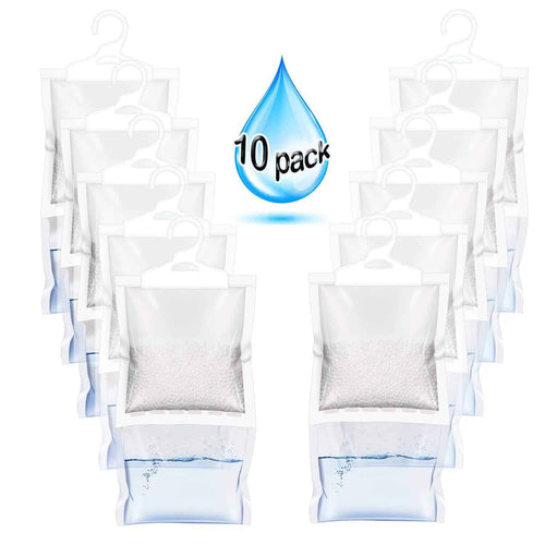 ZMFH 10 Pack Moisture Absorber Hanging Bags, No Scent Max Odor Eliminator, 220g Dehumidification Bags for Closets, Bathrooms, Laundry Rooms, Pantries, Storage - Productive Organizing