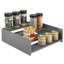 Load image into Gallery viewer, mDesign Plastic Kitchen Spice Bottle Rack Holder, Food Storage Organizer for Cabinet, Cupboard, Pantry, Shelf - Holds Spices, Mason Jars, Baking Supplies, Canned Food, 4 Levels, 2 Pack - Charcoal Gray - Productive Organizing