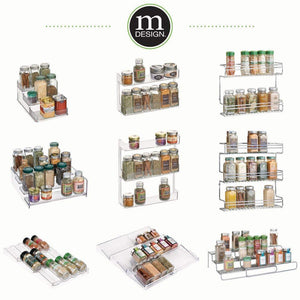 mDesign Plastic Kitchen Spice Bottle Rack Holder, Food Storage Organizer for Cabinet, Cupboard, Pantry, Shelf - Holds Spices, Mason Jars, Baking Supplies, Canned Food, 4 Levels, 4 Pack - Clear - Productive Organizing