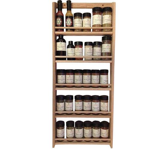 EmejiaSales Oak Spice Rack Wall Mount Organizer 5 Tier, Solid Oak Wood With Natural Finish, Seasoning Storage for Pantry and Kitchen - Holds 30 Herb Jars - Productive Organizing