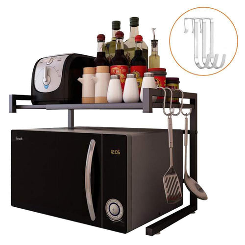 Metal Microwave Oven Rack Toaster Stand Shelf Expandable Kitchen Supplies Tableware Storage Counter Space Saver Cabinet Organizer Spice Holder with 3 Hooks, 60lbs Weight Capacity Black Stainless Steel - Productive Organizing