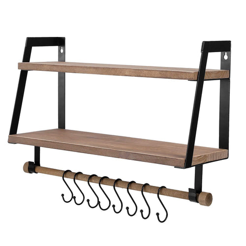 Kakivan 2-Tier Floating Shelves Wall Mount for Kitchen Spice Rack with 8 Hooks Storage, Rustic Farmhouse Wood Wall Shelf for Bathroom Décor with Towel Bar. - Productive Organizing