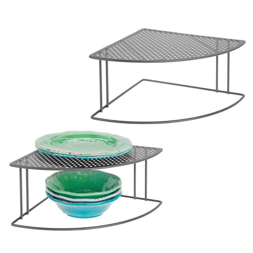 mDesign Rustic Metal Corner Shelf - 2 Tier Storage Organizer for Kitchen Cabinet, Pantry, Shelf, Counter - Holds Dishes, Baking Supplies, Canned Goods, Spices - Rounded Design, 2 Pack - Graphite Gray - Productive Organizing
