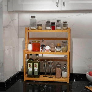 3-Tier Spice Rack Kitchen Bathroom Countertop Storage Organizer Rack, Bamboo Spice Bottle Jars Rack Holder with Adjustable Shelf,100% Natrual Bamboo - Productive Organizing