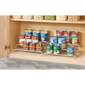 mDesign Adjustable, Expandable Kitchen Wire Metal Storage Cabinet, Cupboard, Food Pantry, Shelf Organizer Spice Bottle Rack Holder - 3 Level Storage - Up to 25" Wide, 2 Pack - Silver - Productive Organizing