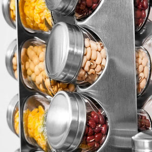 Spice Rack Revolving Stainless Steel Seasoning Storage Organizer Spice Carousel Tower for Kitchen Set of 16 Jars - Productive Organizing