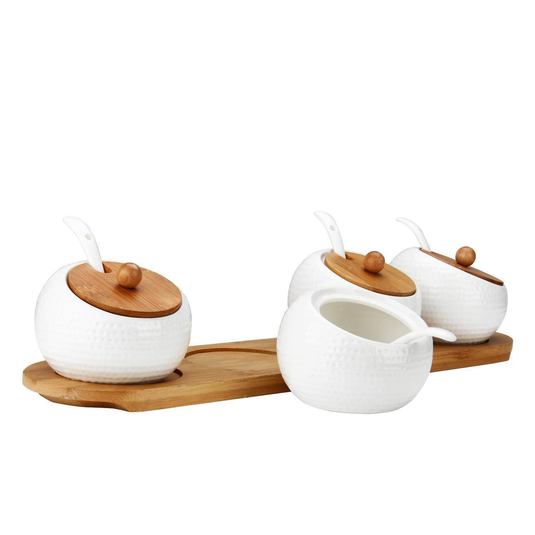RUCKAE Ceramic Condiment Jar Spice Container with Bamboo Lid,Porcelain Spoon,Wooden Tray,Set of 4,White,170ML(5.8 OZ),Perfect Spice Storage for Home,Kitchen,Counter - Productive Organizing