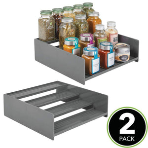 mDesign Plastic Kitchen Spice Bottle Rack Holder, Food Storage Organizer for Cabinet, Cupboard, Pantry, Shelf - Holds Spices, Mason Jars, Baking Supplies, Canned Food, 4 Levels, 2 Pack - Charcoal Gray - Productive Organizing