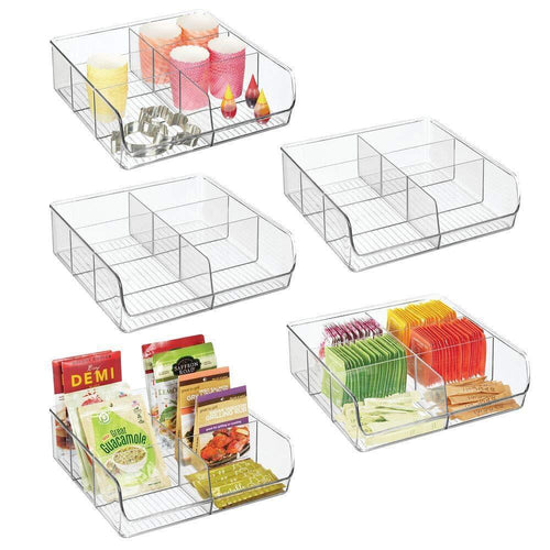 mDesign Plastic Wide Food Storage Organizer Bin Caddy for Kitchen, Pantry, Cabinet, Countertop - Holds Baking Supplies, Spices, Pouches, Dressing Mixes, Tea, Sugar Packets, 6 Sections, 5 Pack - Clear - Productive Organizing
