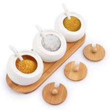 Load image into Gallery viewer, Porcelain Condiment Jar Spice Container with Lids - Bamboo Cap Holder Spot, Ceramic Serving Spoon, Wooden Tray - Best Pottery Cruet Pot for Your Home, Kitchen, Counter. White,170 ML (5.8 OZ), Set of 3 - Productive Organizing