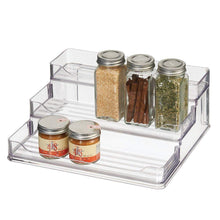 Load image into Gallery viewer, mDesign Plastic Spice and Food Kitchen Cabinet Pantry Shelf Organizer - 3 Tier Storage - Modern Compact Caddy Rack - Holds Spices/Herb Bottles, Jars - for Shelves, Cupboards, Refrigerator - Clear - Productive Organizing