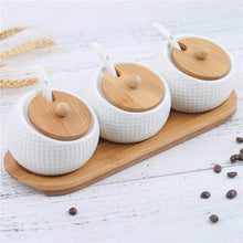 Load image into Gallery viewer, Porcelain Condiment Jar Spice Container with Lids - Bamboo Cap Holder Spot, Ceramic Serving Spoon, Wooden Tray - Best Pottery Cruet Pot for Your Home, Kitchen, Counter. White,170 ML (5.8 OZ), Set of 3 - Productive Organizing