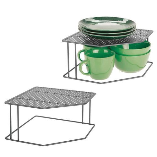 mDesign Rustic Decorative Metal Corner Shelf - 2 Tier Raised Storage Organizer for Kitchen Cabinet, Pantry, Shelf, Counter - Holds Dishes, Baking Supplies, Canned Goods, Spices, 2 Pack - Graphite Gray - Productive Organizing