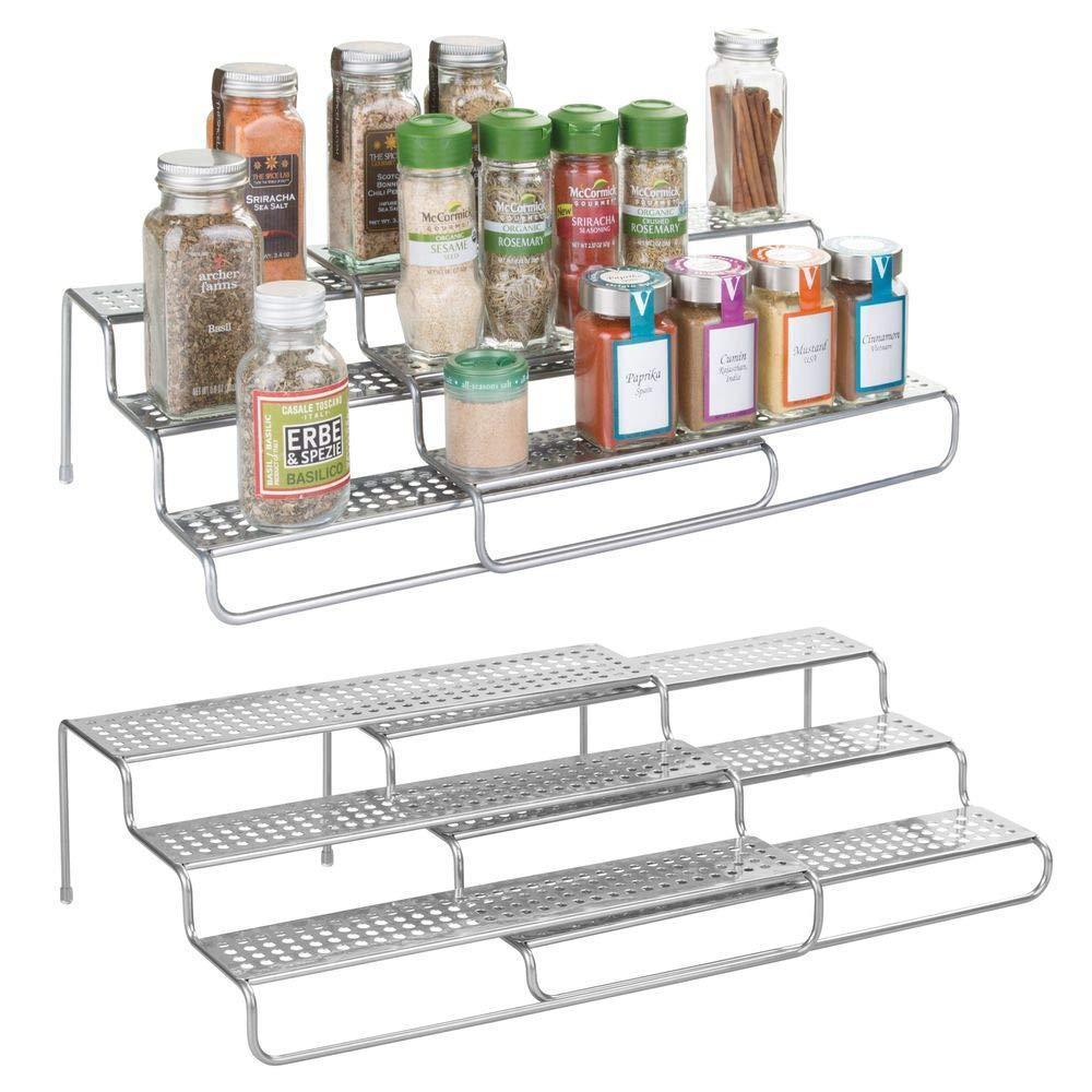mDesign Adjustable, Expandable Kitchen Wire Metal Storage Cabinet, Cupboard, Food Pantry, Shelf Organizer Spice Bottle Rack Holder - 3 Level Storage - Up to 25