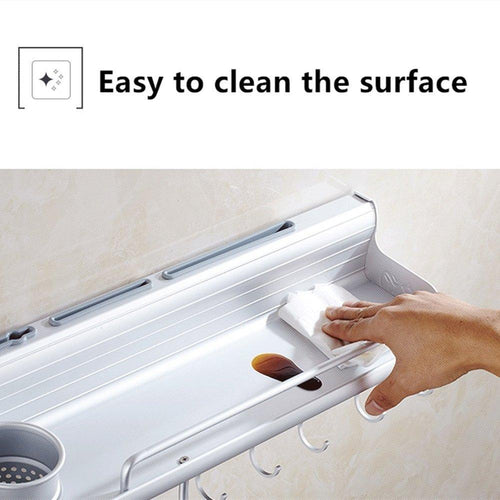 Wall Pot Rack,Wall Hanging Shelf 20 inch Kitchen Cookware Organizer with Pot Hook & Knife Holder & 2 Utensil Cup & Spice Rack & Towel Rack for RV/ Hotel /Restaurant /Bar (Aluminum) By Focipow - Productive Organizing