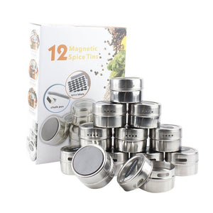 12 Stainless Steel Magnetic Spice Tin & 2 Types of Spice Labels by Neverless, with 96 PVC & 54 Chalkboard Stickers. Refrigerator Magnet - Productive Organizing