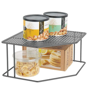 mDesign Rustic Decorative Metal Corner Shelf - 2 Tier Raised Storage Organizer for Kitchen Cabinet, Pantry, Shelf, Counter - Holds Dishes, Baking Supplies, Canned Goods, Spices, 2 Pack - Graphite Gray - Productive Organizing
