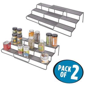 mDesign Adjustable, Expandable Kitchen Wire Metal Storage Cabinet, Cupboard, Food Pantry, Shelf Organizer Spice Bottle Rack Holder - 3 Level Storage - Up to 25" Wide, 2 Pack - Graphite Gray - Productive Organizing