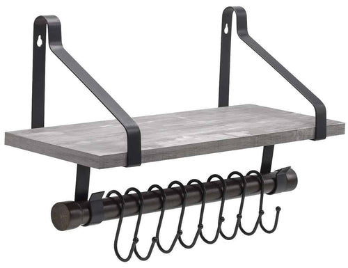 Sorbus Wall Shelf with Hooks, Rustic Wood Rack with Towel Bar and 8 Removable Hooks for Wall-Mounted Storage & Organization in Kitchen, Bathroom, Hallway, etc (Wall Shelf - Grey) - Productive Organizing