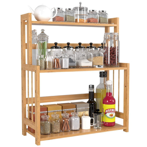HOMECHO Bamboo Spice Rack Bottle Jars Holder Countertop Storage Organizer Free Standing with 3-Tier Adjustable Slim Shelf for Kitchen Bathroom Bedroom HMC-BA-004 - Productive Organizing