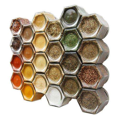 Gneiss Spice Everything Spice Kit: 24 Magnetic Jars Filled with Standard Organic Spices / Hanging Magnetic Spice Rack (Large Jars, Silver Lids) - Productive Organizing
