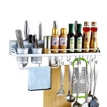 Load image into Gallery viewer, Wall Pot Rack,Wall Hanging Shelf 20 inch Kitchen Cookware Organizer with Pot Hook &amp; Knife Holder &amp; 2 Utensil Cup &amp; Spice Rack &amp; Towel Rack for RV/ Hotel /Restaurant /Bar (Aluminum) By Focipow - Productive Organizing