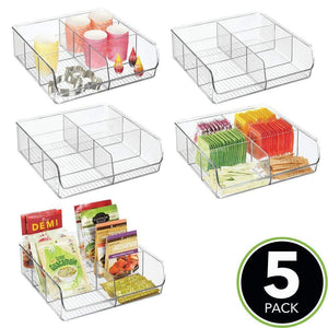 mDesign Plastic Wide Food Storage Organizer Bin Caddy for Kitchen, Pantry, Cabinet, Countertop - Holds Baking Supplies, Spices, Pouches, Dressing Mixes, Tea, Sugar Packets, 6 Sections, 5 Pack - Clear - Productive Organizing