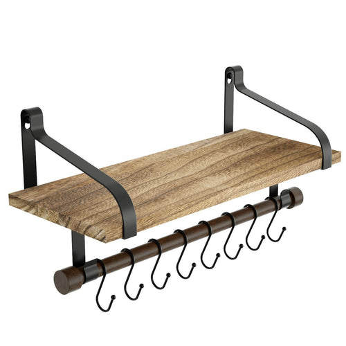 Love-KANKEI Floating Shelf Wall Shelf for Storage Rustic Wood Kitchen Spice Rack with Towel Bar and 8 Removable Hooks for Organize Cooking Utensils or Mugs Carbonized Black - Productive Organizing