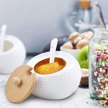 Load image into Gallery viewer, RUCKAE Ceramic Condiment Jar Spice Container with Bamboo Lid,Porcelain Spoon,Wooden Tray,Set of 4,White,170ML(5.8 OZ),Perfect Spice Storage for Home,Kitchen,Counter - Productive Organizing