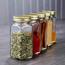 Load image into Gallery viewer, 12 Square Clear Glass Bottles Containers Jars 4oz with Gold Metal Lids and Shaker Tops Empty Organizer Set Deluxe Decorative Modern - Spices Seasoning Food Crafts Gifts - Productive Organizing