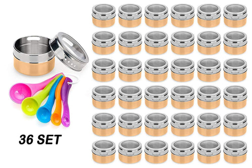 Stainless Steel Magnetic Spice Jars - Bonus Measuring Spoon Set - Airtight Kitchen Storage Containers - Stack on Fridge to Save Counter & Cupboard Space - 36pc Organizers in Gold - Productive Organizing